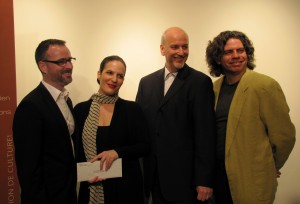  Dominic Trudel, directeur général du CMCC, Karoline Georges, écrivaine, lauréate 2012 du Prix à la création artistique en Montérégie du Conseil des arts et des lettres du Québec, Marc Drouin, directeur des communications, du mécénat et des territoires du CALQ et Sylvain Massé, président du CMCC.