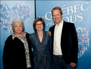 Louise Forestier, porte-parole de la Fête nationale du Québec, Chantale Trottier, présidente du Mouvement national des Québécoises et Québécois, Christopher Hall, porte parole de la Fête nationale du Québec Louise Forestier, porte-parole de la Fête nationale du Québec, Chantale Trottier, présidente du Mouvement national des Québécoises et Québécois, Christopher Hall, porte parole de la Fête nationale du Québec