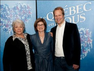 Louise Forestier, porte-parole de la Fête nationale du Québec, Chantale Trottier, présidente du Mouvement national des Québécoises et Québécois, Christopher Hall, porte parole de la Fête nationale du Québec