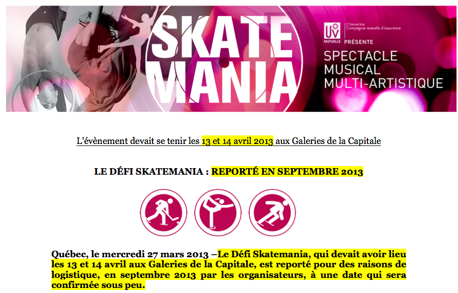 Le Défi Skatemania: reporté en septembre 2013