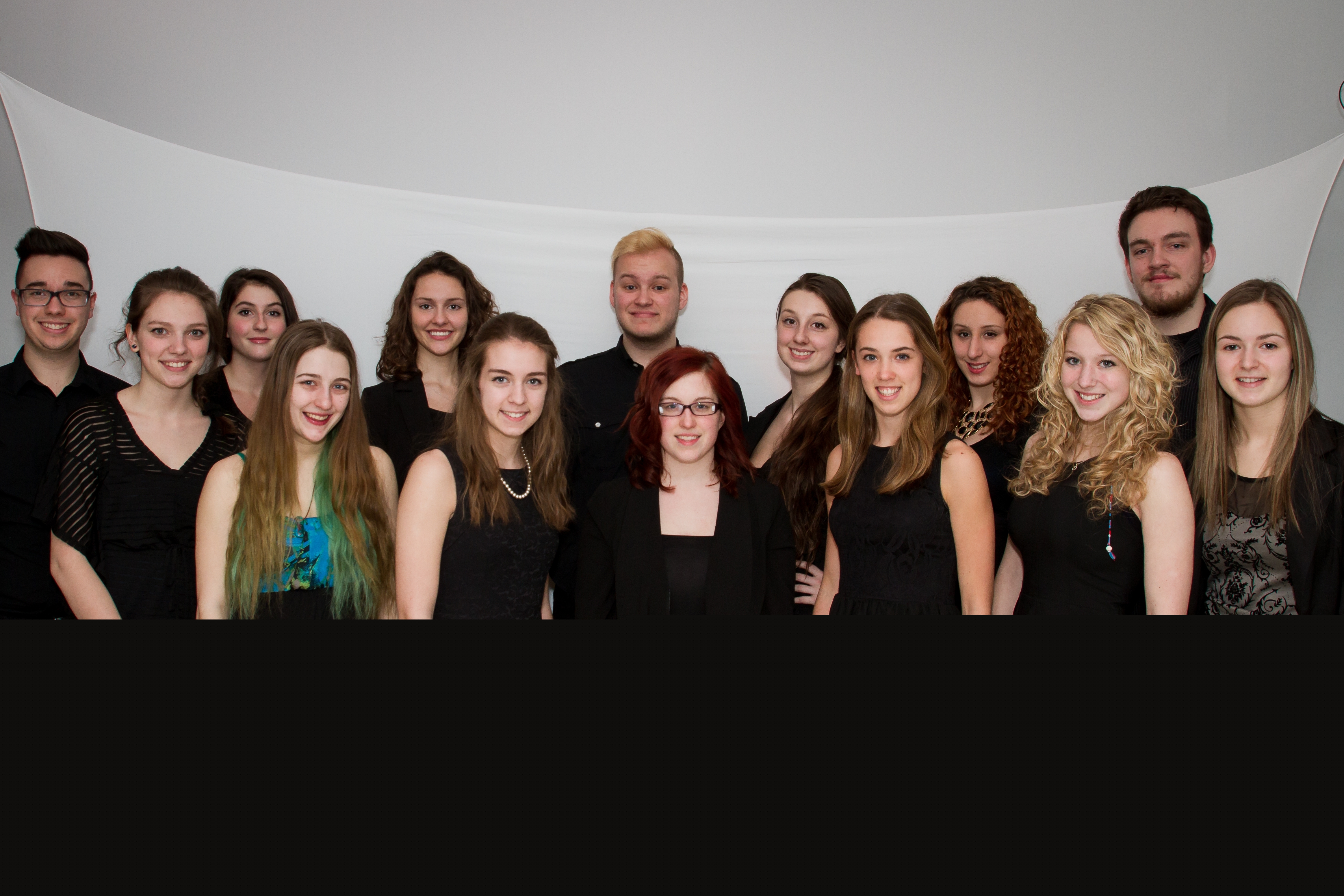 n bas de gauche à droite : Marie-Ève Arseneault, Anne-Raphaëlle Aspirot-Lebrasseur, Alexandra Lachapelle, Bénédicte Roberge, Sarah-Kim Julien, Anabelle Lévesque · En haut de gauche à droite : Pierre-Étienne Leblanc, Laurianne Chabot, Roxanne Bizier-Lacroix, Anne-Sophie Bernier, Mathiew Marcoux (metteur en scène), Justine Mitchell, Eve Charest-Déry, Philippe Tremblay-Dufou