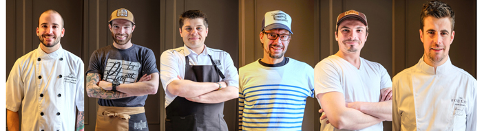 les six chefs de La Grande Tablée 2016. Sébastien Laroche du Saint-Amour, Olivier Godbout de La Planque, Stéphane Modat du Fairmont le Château Frontenac, David Forbes du Concorde (Le Ciel), Émile Tremblay du Renard et La chouette et Arnaud Marchand de Chez Boulay – Bistro Boréal.