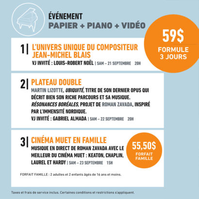 Papier + Piano + Vidéo – Rencontres entre l’imagerie visuelle et le piano avec Jean-Michel Blais, Martin Lizotte et Roman Zavada